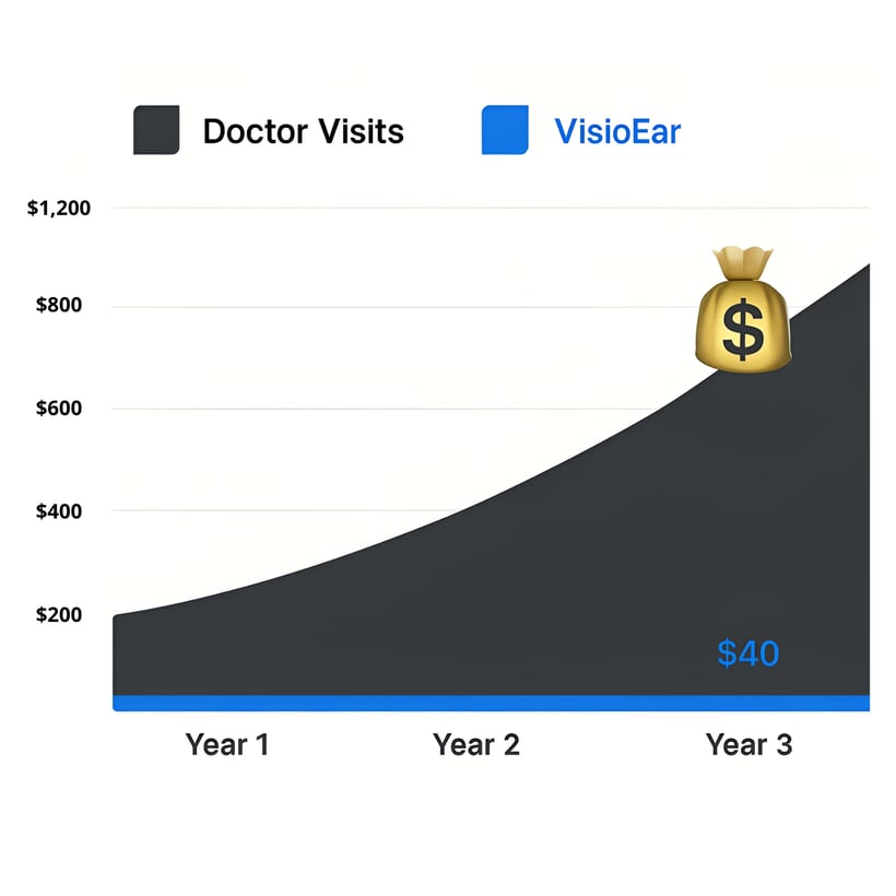 Graph comparing doctor visits and VisioEar costs over three years.